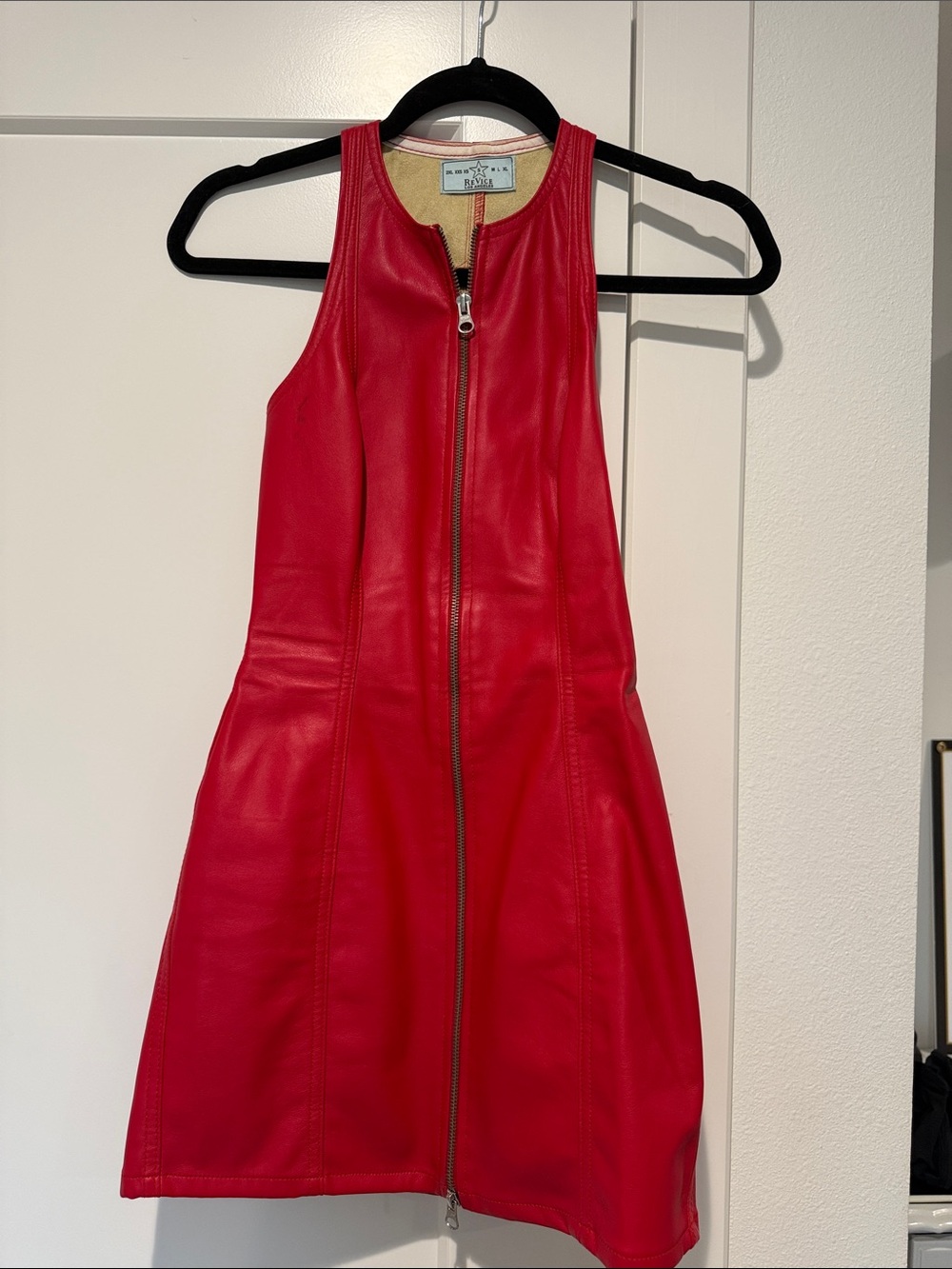 REVICE Red Sleeveless Zip-Front Faux Leather Dress